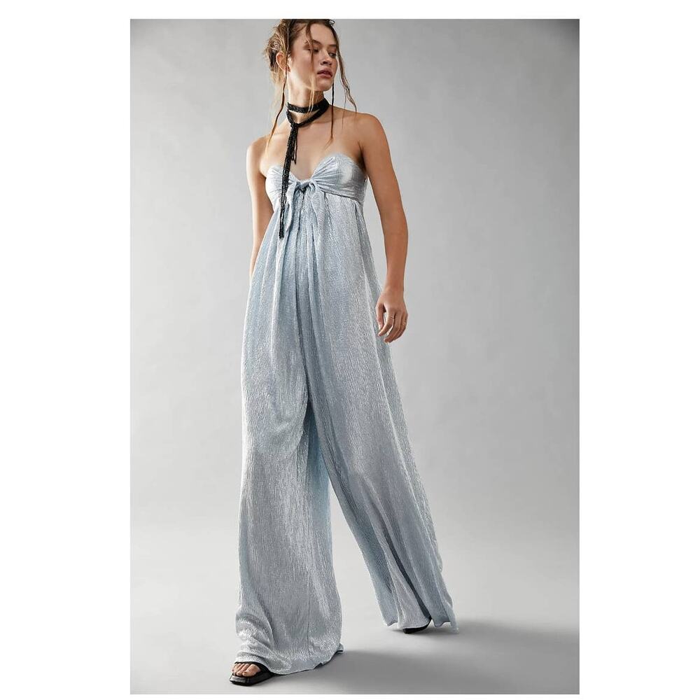 New Free People Olivia Strapless Metallic Wide-Leg Jumpsuit  $300 SMALL Blue